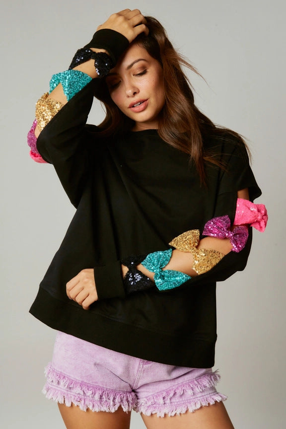 Summer Bow All Match Sequ Top Long Sleeve Sweatshirt for Women
