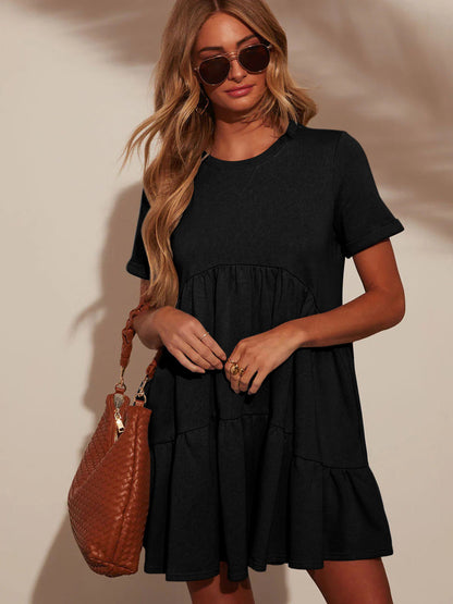 Summer Casual Pocket Short round Neck Short Sleeve Pleated Loose Women Wear Dress