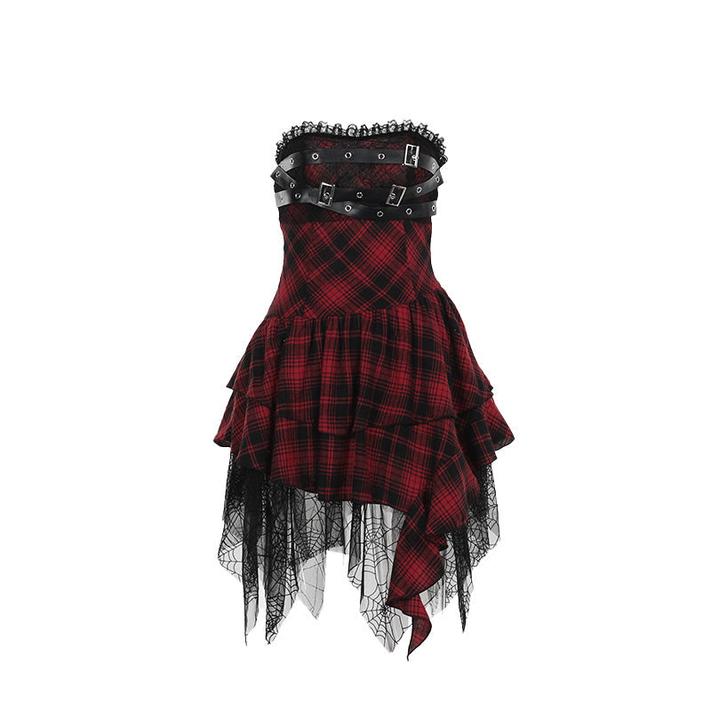 Summer Type Hip Socialite Elegant Sexy Red Plaid Tube Top Dress Women