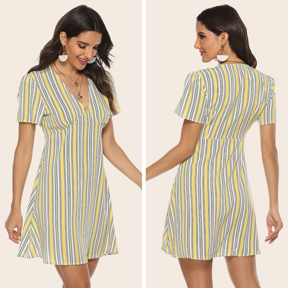 Summer Lemon Yellow Striped Sexy Women Dress V-neck Vitality Sweet Short Sleeve Dress