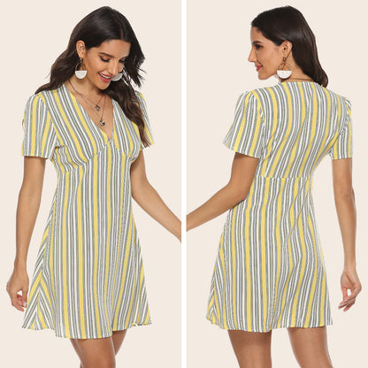 Summer Lemon Yellow Striped Sexy Women Dress V-neck Vitality Sweet Short Sleeve Dress