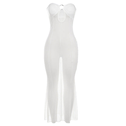 Autumn Winter Women Clothing off-Neck Hollow Out Cutout Sexy See through Mesh Slim Fit Dress for Women