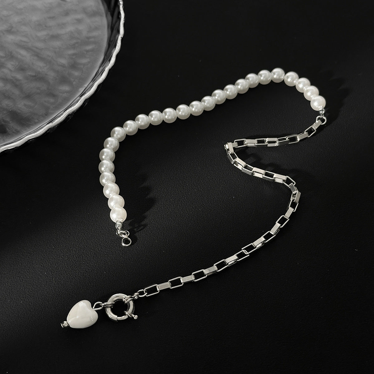 Crystal Heart Pearl Bead Choker Necklace