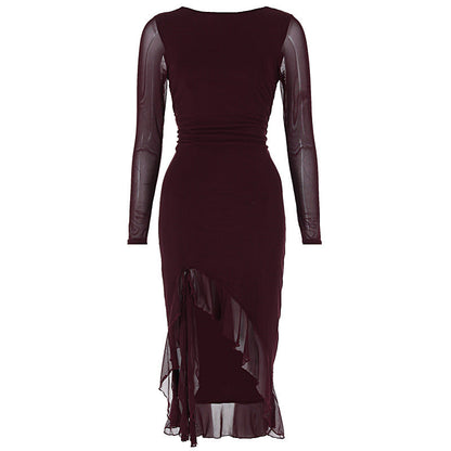 Mesh Ruched Long Sleeve Boat Neck Asymmetric Ruffle Hem Midi Dress