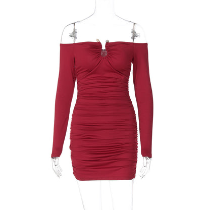 Women Sexy Tube Top off Neck Pleated Waist Tight Slimming Tight Hip Bag Dress