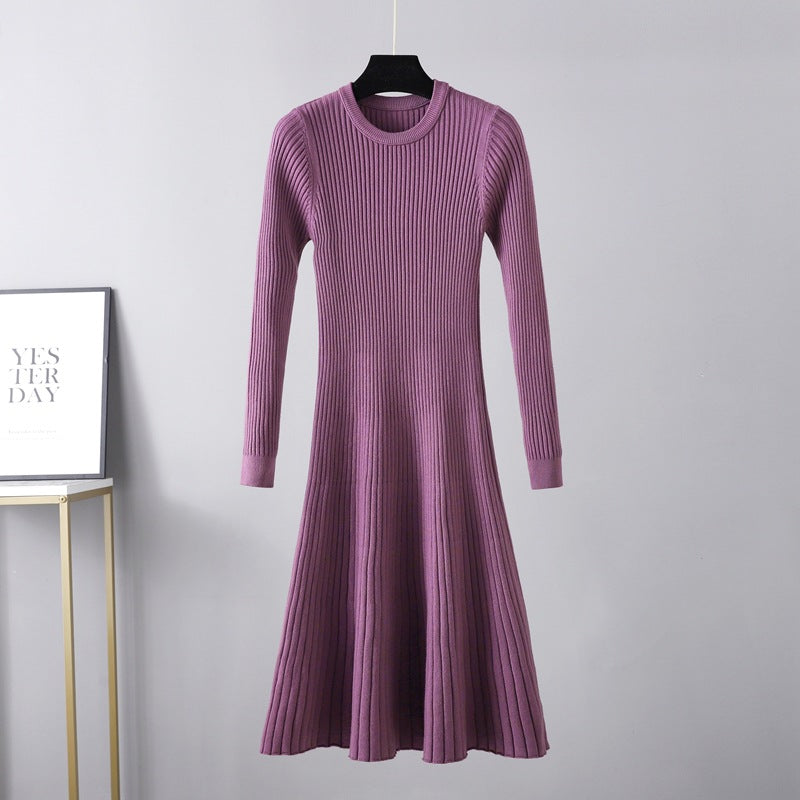 Fall Winter Slim Dress Women Mid Length Dress Round Neck Solid Color Inner Wear Base Sweater Dress A line Dress