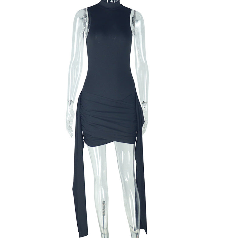 Personality Women Wear Pleated Stitching Tied Slim Fit Bag Hip Dress Casual Solid Color Stand Collar Short Dress