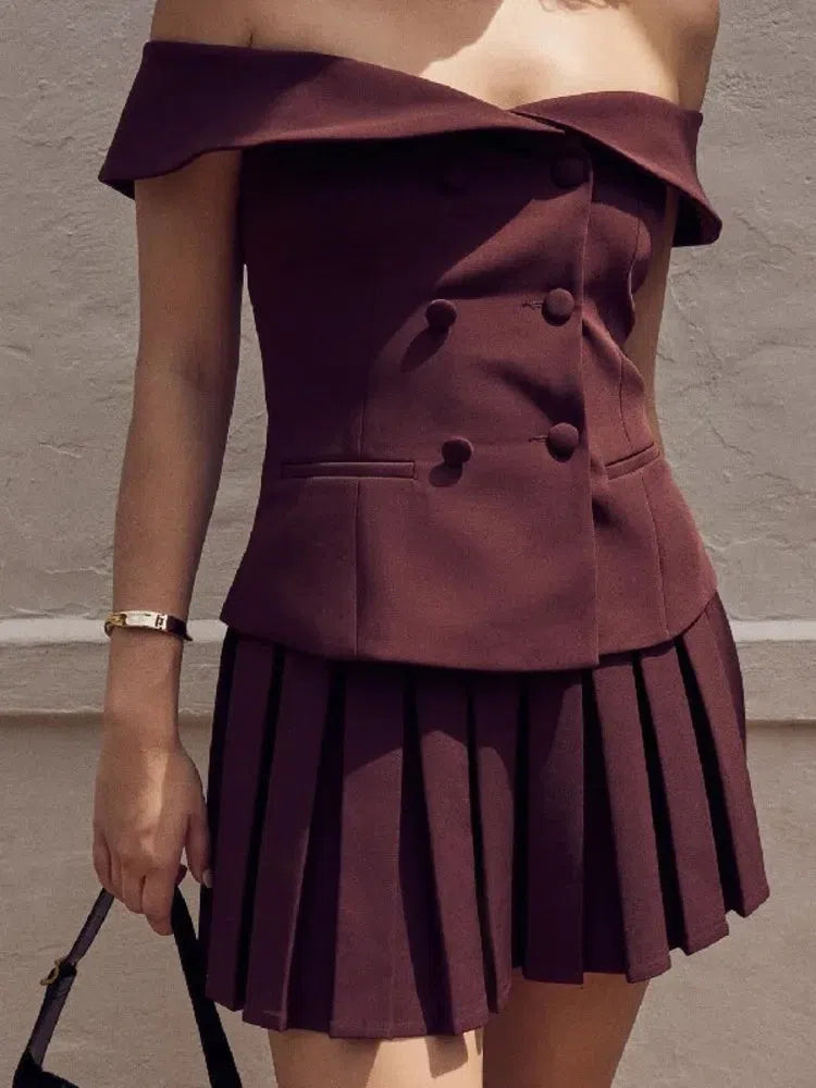 Off Shoulder Top & Pleated Mini Skirt Two Piece Set