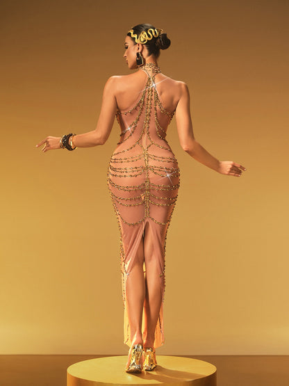 Halter Neck Rhinestone Chain Drape Mesh Maxi Dress