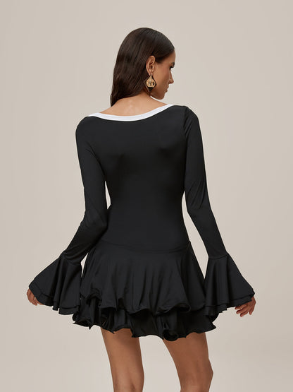V-Neck Contrast Trim Button Front Bell Sleeve Tiered Ruffle Mini Dress