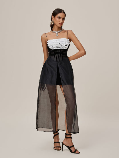 Spaghetti Strap Corset Ruffle Bust Sheer Tulle Front Split Overlay Maxi Dress