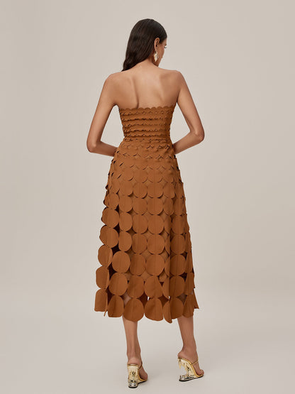 Strapless Laser Cut Circular Applique Scalloped Neckline Midi Dress