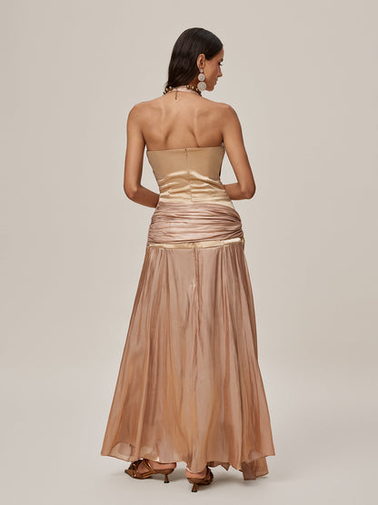Halter Neck Deep V-Neck Ruched Pleated Metallic Maxi Gown