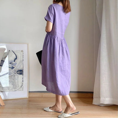 Short Sleeve Crew Neck Gathered Waist Linen Blend Midi Dress