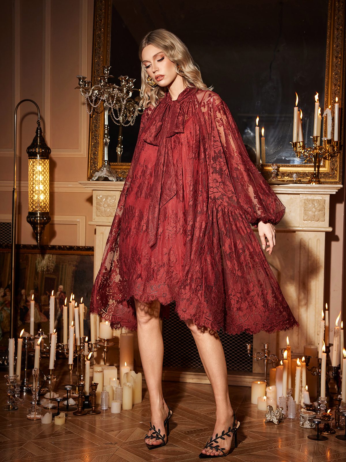 Lace Bow Neck Lantern Puff Sleeve Tiered Babydoll Mini Dress