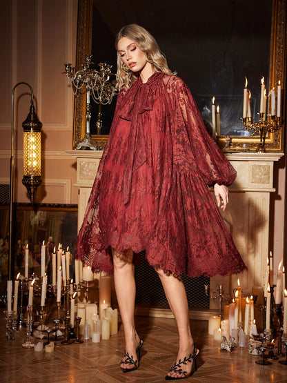 Lace Bow Neck Lantern Puff Sleeve Tiered Babydoll Mini Dress