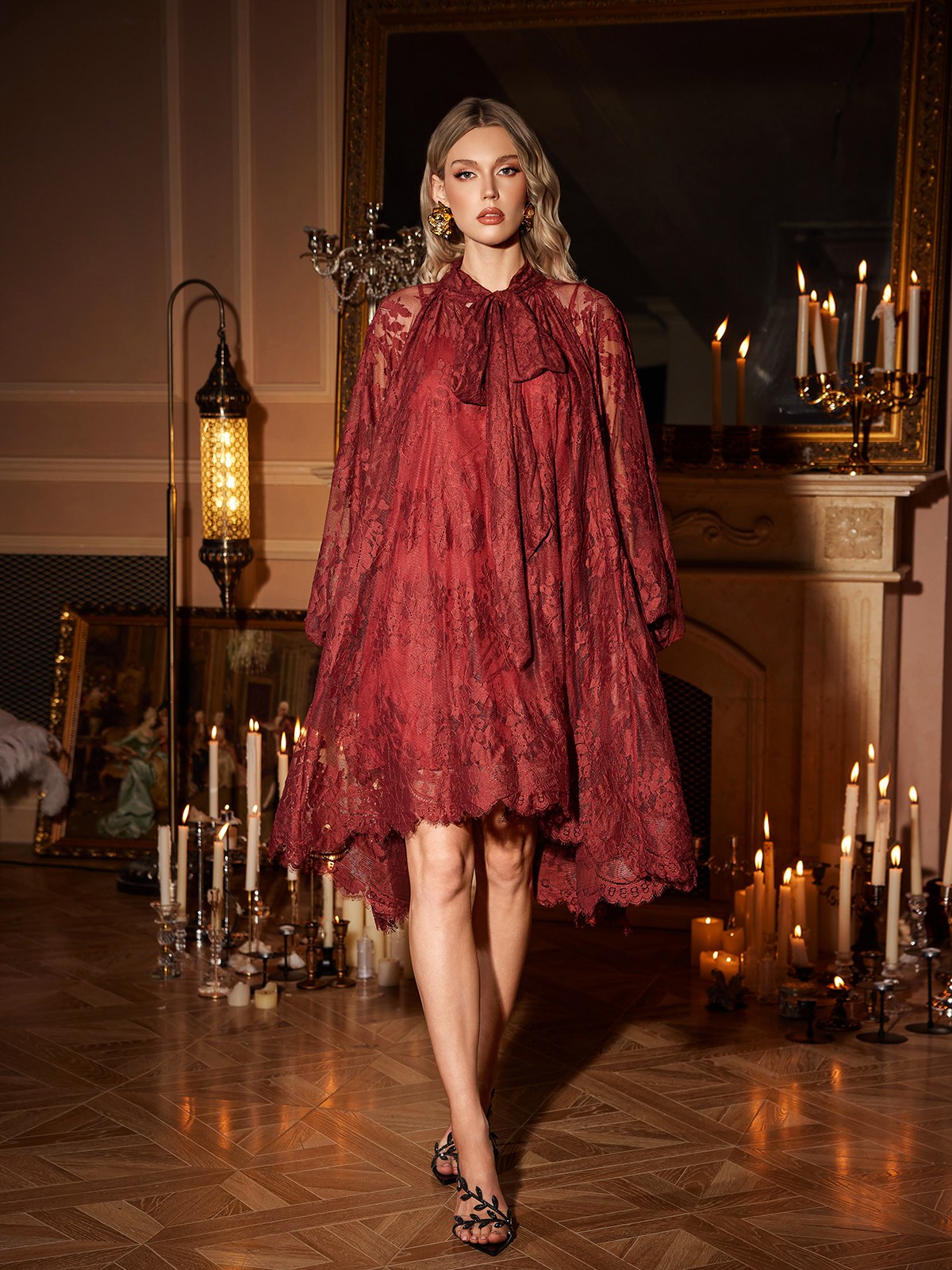 Lace Bow Neck Lantern Puff Sleeve Tiered Babydoll Mini Dress