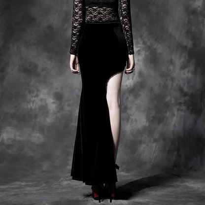 Gothic Style Split Black Asymmetric Cheongsam Velvet Embroidery Long Maxi Skirt