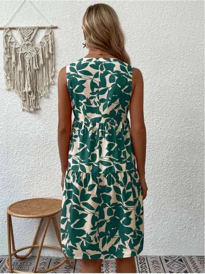Leaf Print V Neck Tiered Ruffle Babydoll Mini Dress