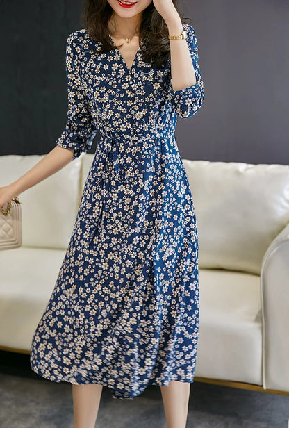V-Neck Three Quarter Sleeve Ditsy Floral Print A-Line Midi Dress