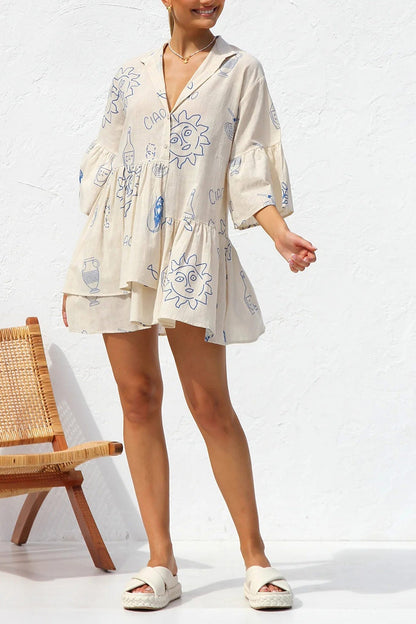 Graphic Palm Print Collar V-Neck Bell Sleeve Tiered Babydoll Mini Dress