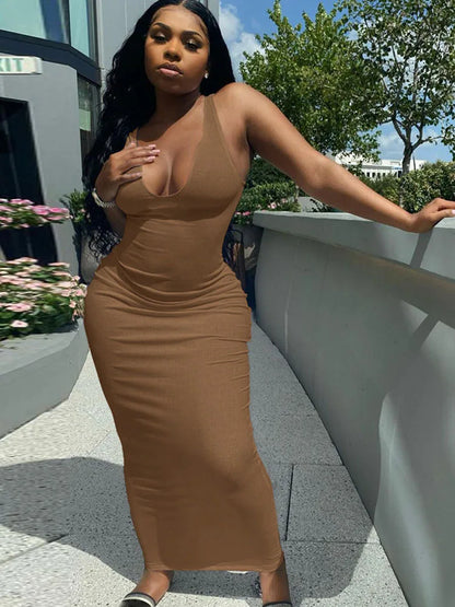 Ribbed Knit Notch Scoop Neck Bodycon Maxi Dress