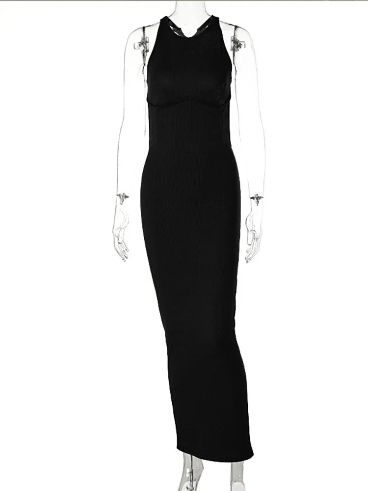 Ribbed Hollow Backless Sleeveless Slit Mini Elegant Y2K Midi Dresses