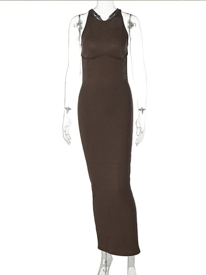 Sleeveless Mock Neck Ribbed Knit Back Cutout Bodycon Maxi Dress