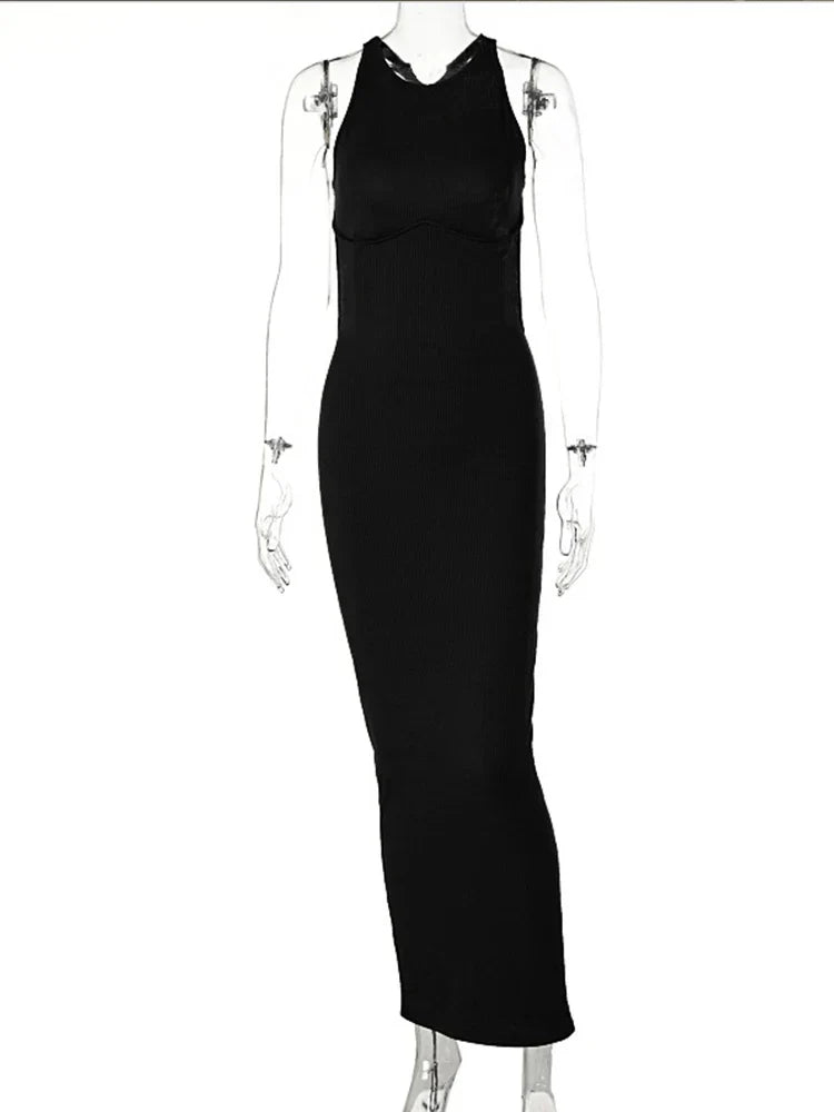 Sleeveless Mock Neck Ribbed Knit Back Cutout Bodycon Maxi Dress