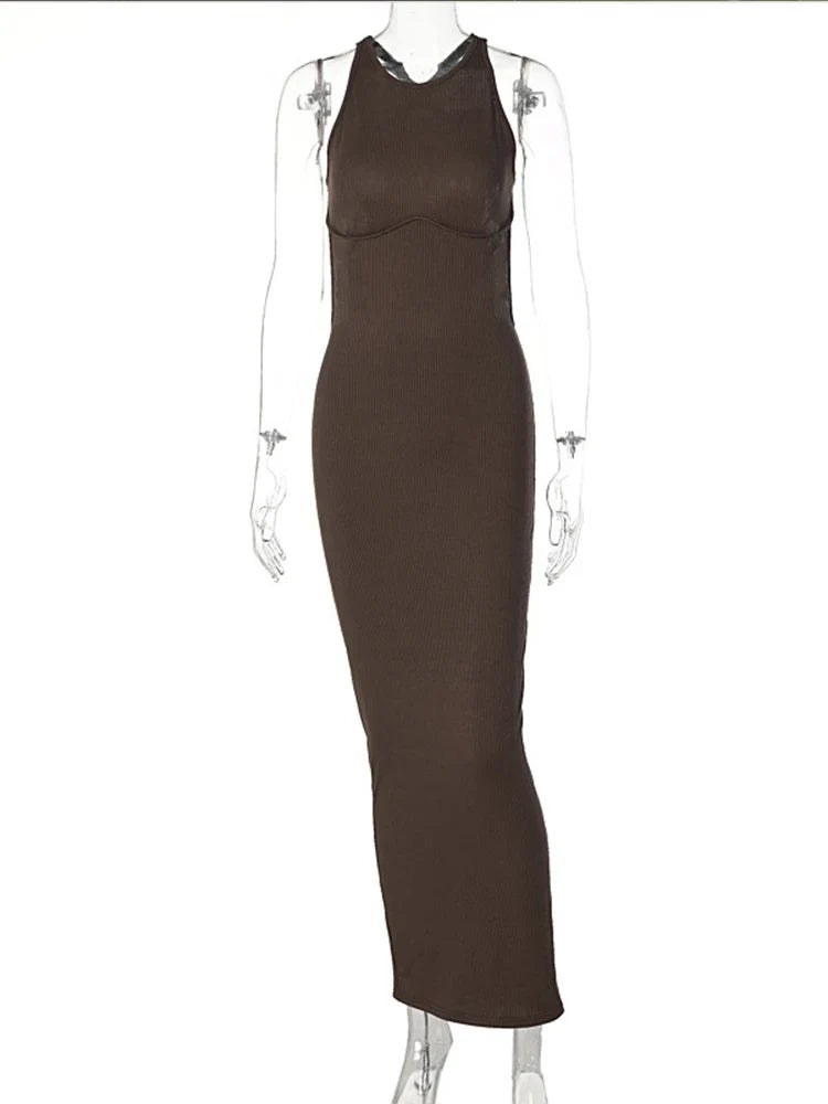 Ribbed Hollow Backless Sleeveless Slit Mini Elegant Y2K Midi Dresses