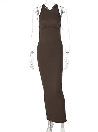 Ribbed Hollow Backless Sleeveless Slit Mini Elegant Y2K Midi Dresses