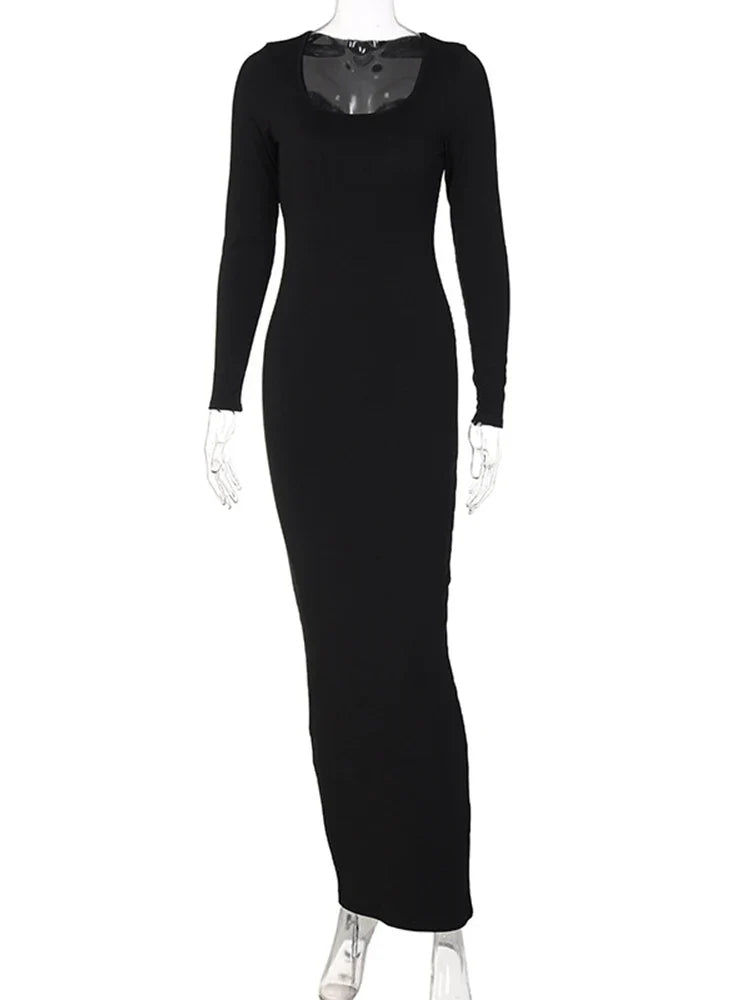 Ribbed Solid Square Neck Fall Evening Elegant Mit Midi Dresses