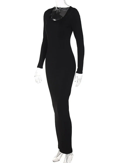 Ribbed Scoop Neck Long Sleeve Bodycon Midi Dress