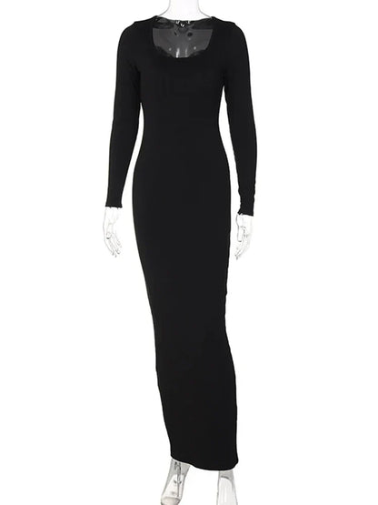 Ribbed Scoop Neck Long Sleeve Bodycon Midi Dress