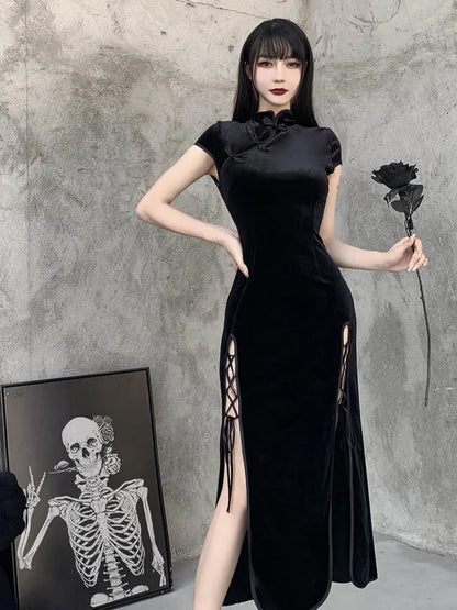 Mandarin Collar Lace Up Side Slit Velvet Qipao Midi Dress