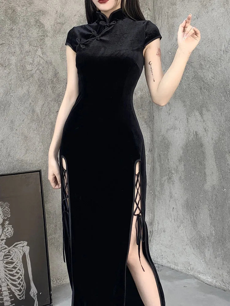 Mandarin Collar Frog Button Lace-Up Side Slit Cheongsam Velvet Midi Dress