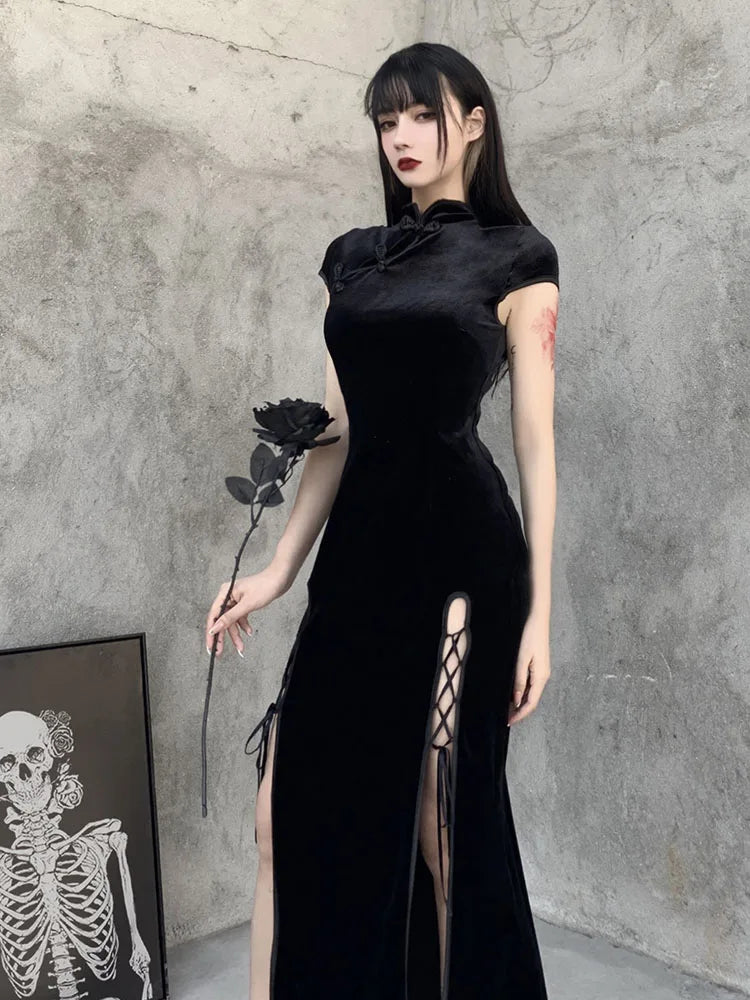 Mandarin Collar Frog Button Lace-Up Side Slit Cheongsam Velvet Midi Dress