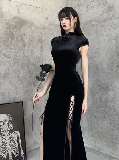Mandarin Collar Frog Button Lace-Up Side Slit Cheongsam Velvet Midi Dress
