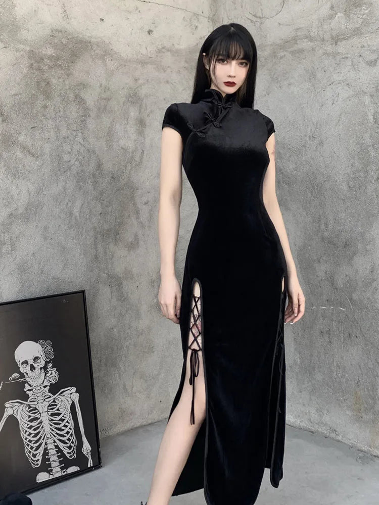 Velvet Mandarin Collar Frog Button Lace Up Side Slit Qipao Maxi Dress