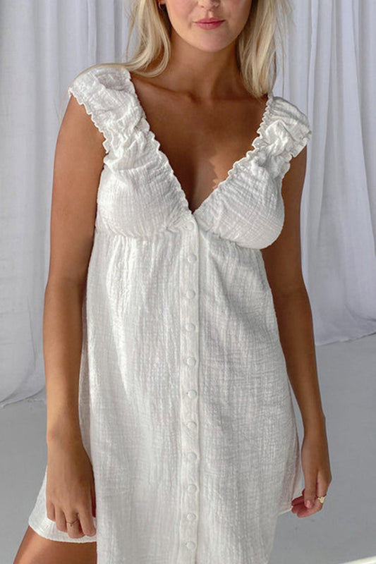 Ruched V Neck Button-down Linen Dress