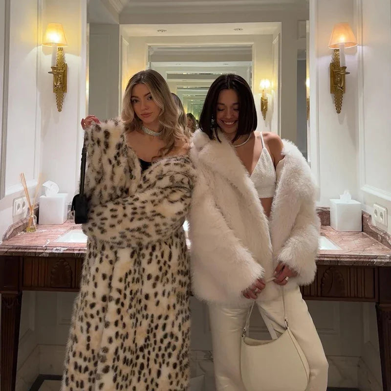 Luxury Maxi Long Leopard Belted Faux Fur Coat Women Winter Brand Fashion Mob Wife Vibe Fox Fur Jacket Overcoat