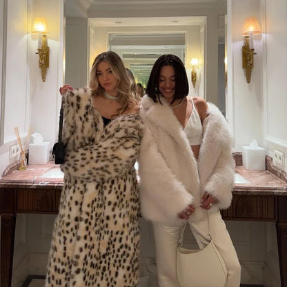 Luxury Maxi Long Leopard Belted Faux Fur Coat Women Winter Brand Fashion Mob Wife Vibe Fox Fur Jacket Overcoat