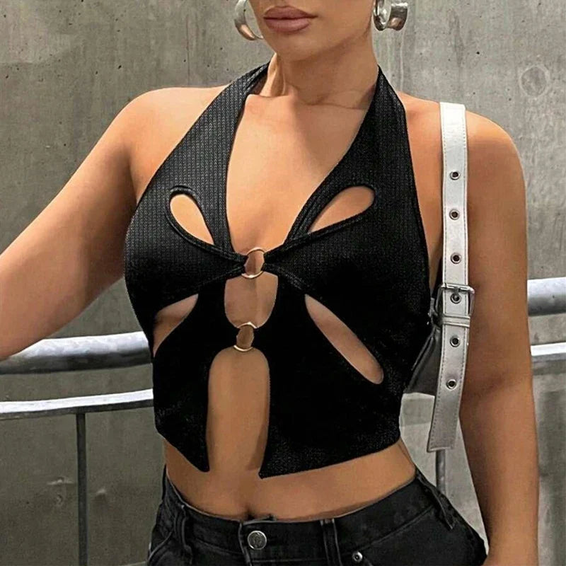 Backless Y2K Black Asymmetrical Slim Cami Top