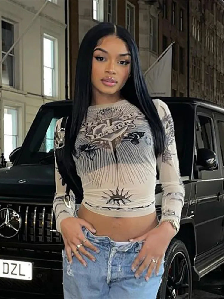 Summer Fashion Round Neck Long Sleeve Graphic T Shirts Sexy Printed Patchwork Women Clothing Casual Slightly Translucent Y2k Top
