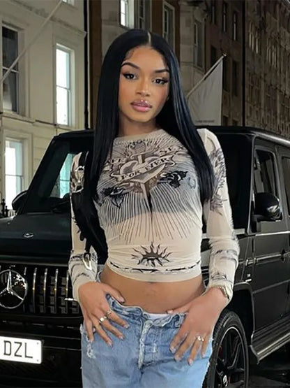 Summer Fashion Round Neck Long Sleeve Graphic T Shirts Sexy Printed Patchwork Women Clothing Casual Slightly Translucent Y2k Top