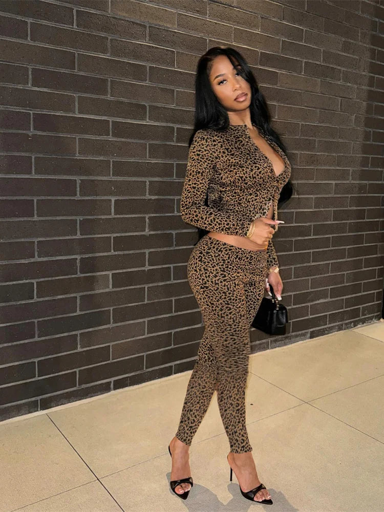 Leopard Button Top Two Piece Pants Set