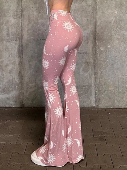 Summer Fashion Pink Pants Women Casual Slim Printed Long Flared Pants Streetwear Women Low-Rise Patchwork Abstract Y2k Pants