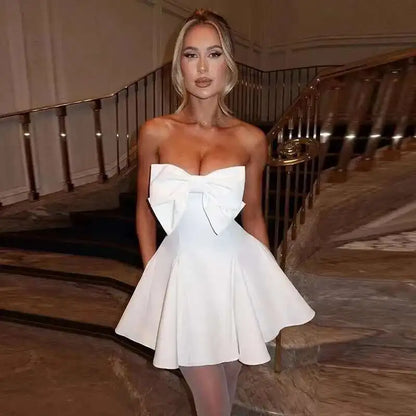 Pearl Trim Neckline Princess Seam Oversized Bow Back Fit and Flare Mini Dress