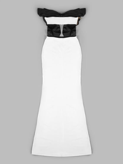 Oversized Bow Strapless Cut Out Mermaid Floor Length Gown With Contrast Train
