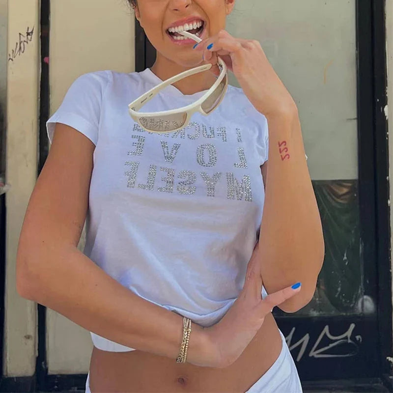 Rhinestone Y2K Harajuku Baby Tees Crop Top
